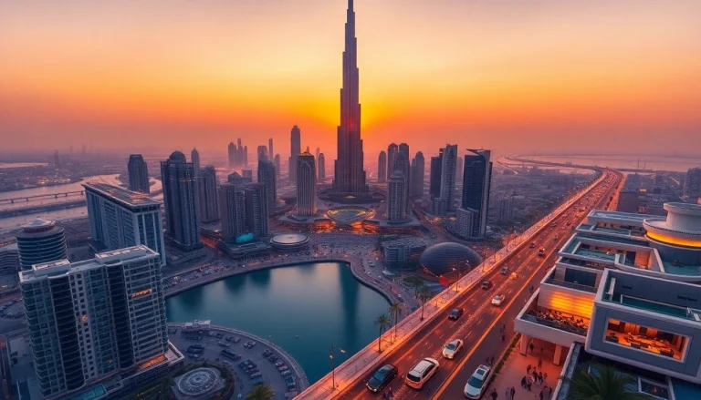 Experience the breathtaking skyline as you travel to Dubai, featuring the iconic Burj Khalifa at sunset.