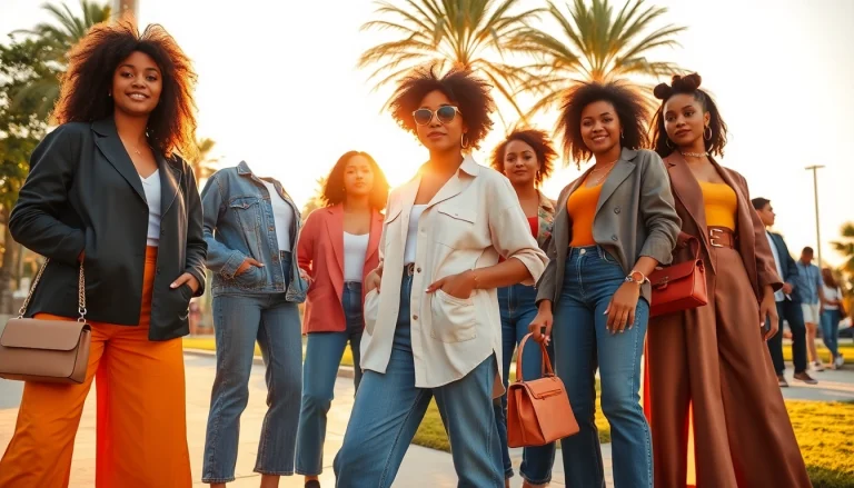 Women Fashion outfits displayed by diverse models showcasing modern styles and trends.