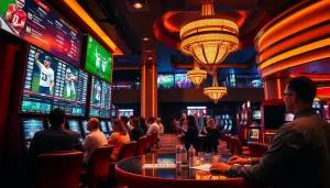 Sports betting excitement at thabet casino, with vibrant atmosphere and enthusiastic players.