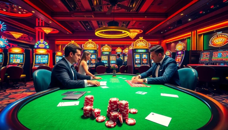 Experience the thrill of high-stakes poker at fb88nn.com, featuring vibrant casino tables and excited players.