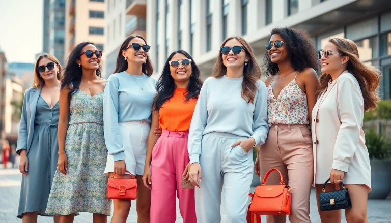 Stylish women fashion display featuring diverse outfits in an urban setting.