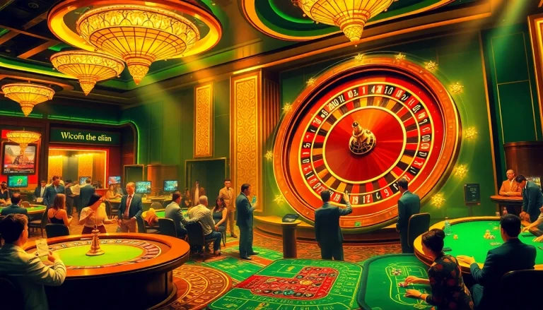 Experience the thrill of game bài đổi thưởng in a vibrant casino setting filled with players and lively tables.