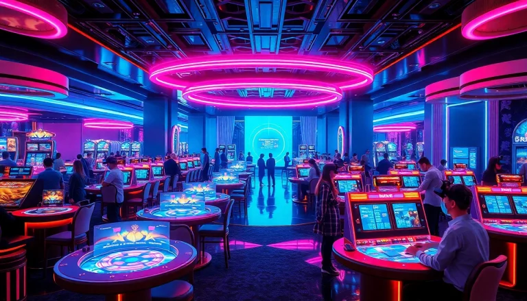 Experience the integration of New Technology with holographic gambling games in a modern casino.