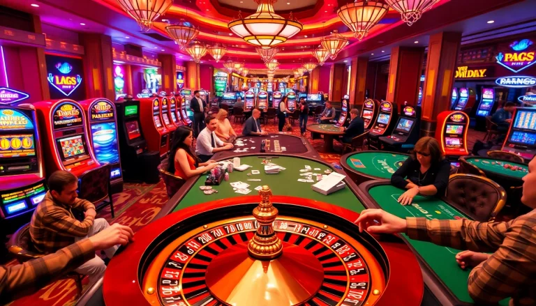 Players enjoying vibrant casino games at "https://69vnbl.com/", featuring poker tables and illuminated slot machines.