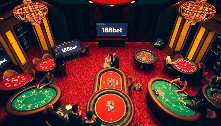 The image of a vibrant casino scene highlighting poker tables, showcasing the 188bet link for seamless online gambling.