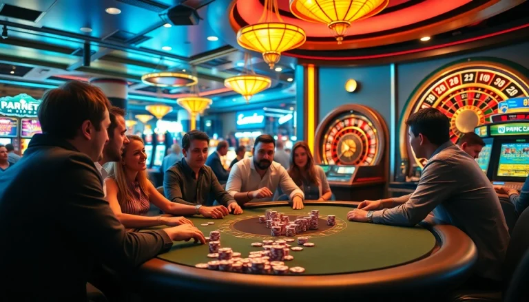 Engaging players enjoy spicy ai chats while placing bets at a lively poker table in a vibrant casino ambiance.
