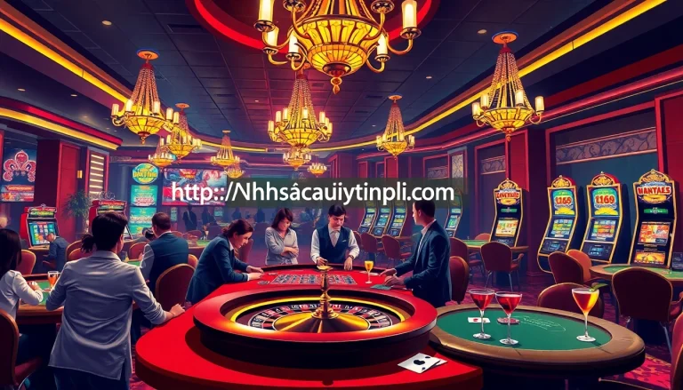 Experience the thrill of casino gaming at https://nhacaiuytin.place/ with players at the roulette table and vibrant slot machines.
