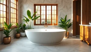 Experience a luxurious bathroom remodeling transformation featuring a freestanding tub amidst natural light and elegant design elements.