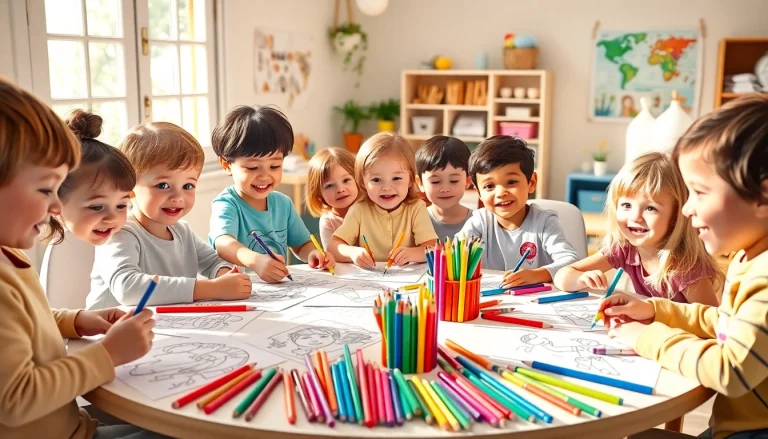 Kids using cheerful kids colouring pencils to create colorful artwork at a vibrant art table.