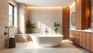 Experience a luxurious Bathroom Remodeling transformation featuring a modern bathtub and elegant finishes.
