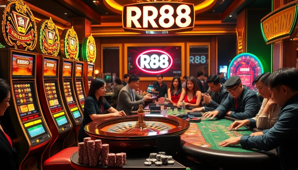 RR88 gamblers enjoying a thrilling night at a casino, surrounded by vibrant slot machines and roulette tables.