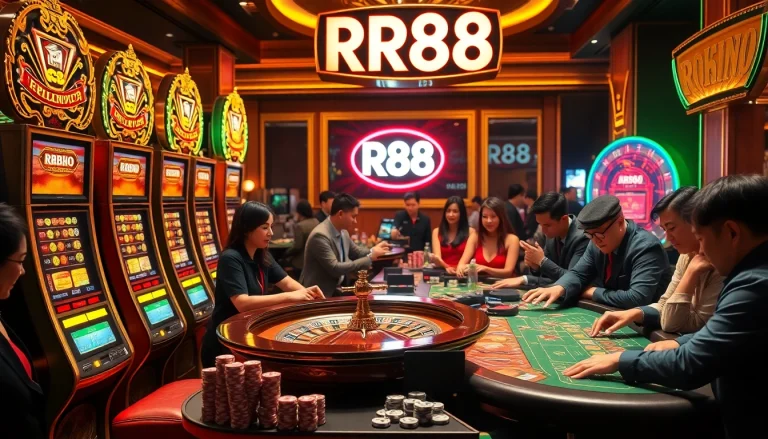 RR88 gamblers enjoying a thrilling night at a casino, surrounded by vibrant slot machines and roulette tables.