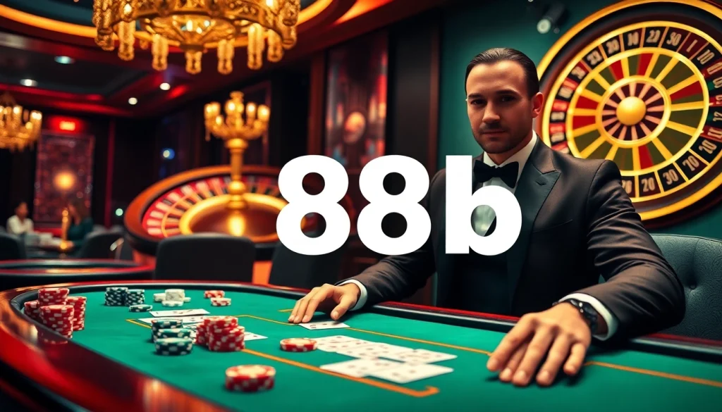 Professional casino scene showcasing 888b gambling action with poker chips and a dealer.