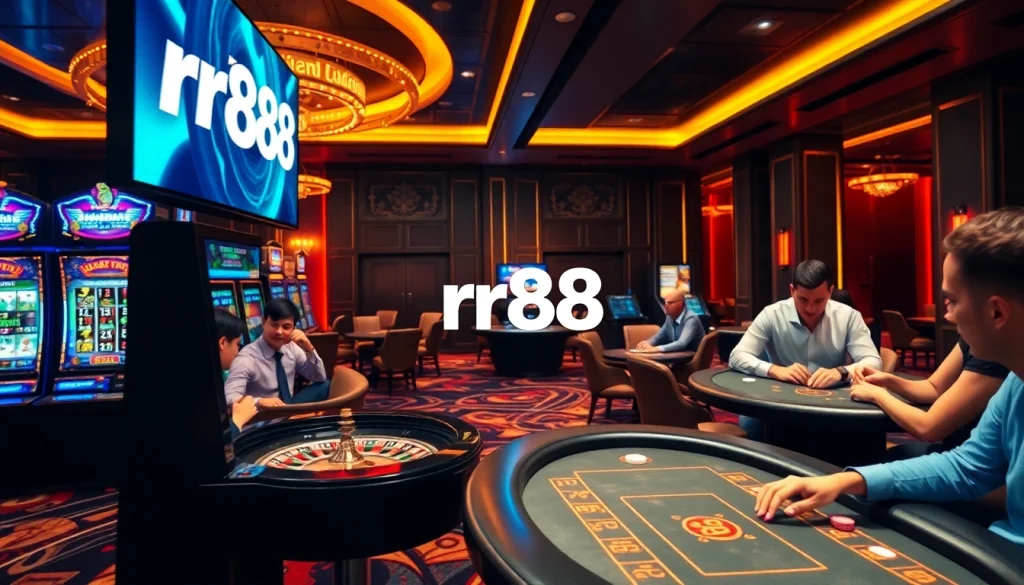 Engaging players at rr88 using vibrant slot machines and a lively poker table.