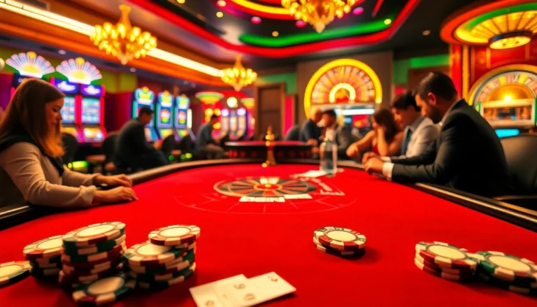 Players enjoying a thrilling poker game at TK88's luxurious casino tables, located at https://tk88t.org/.