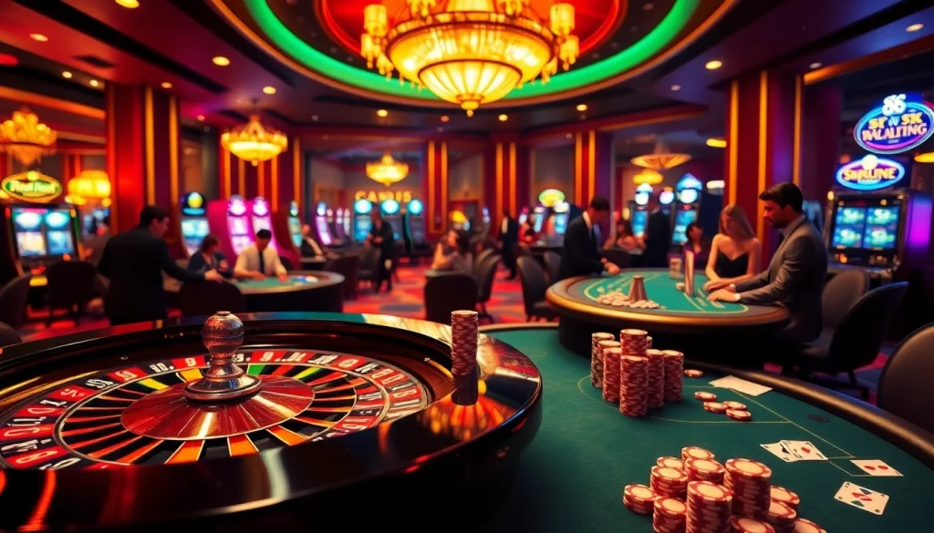 Exciting casino atmosphere showcasing s8 poker action with colorful chips and roulette.