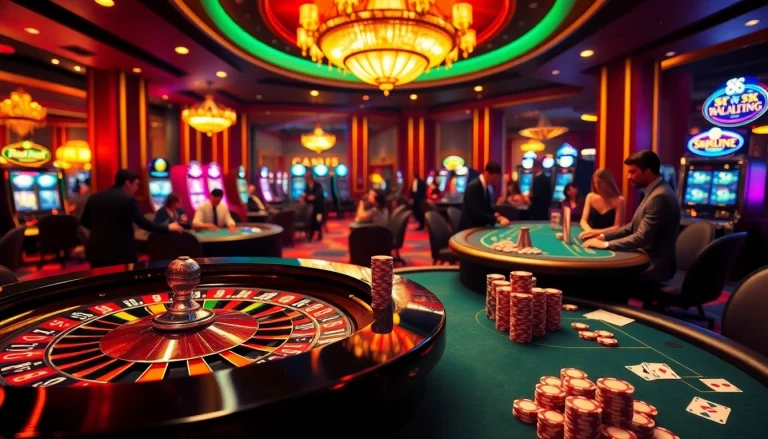 Exciting casino atmosphere showcasing s8 poker action with colorful chips and roulette.
