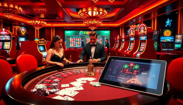Excited gamblers enjoying games at F8BET's luxurious casino, showcasing roulette tables and poker action.