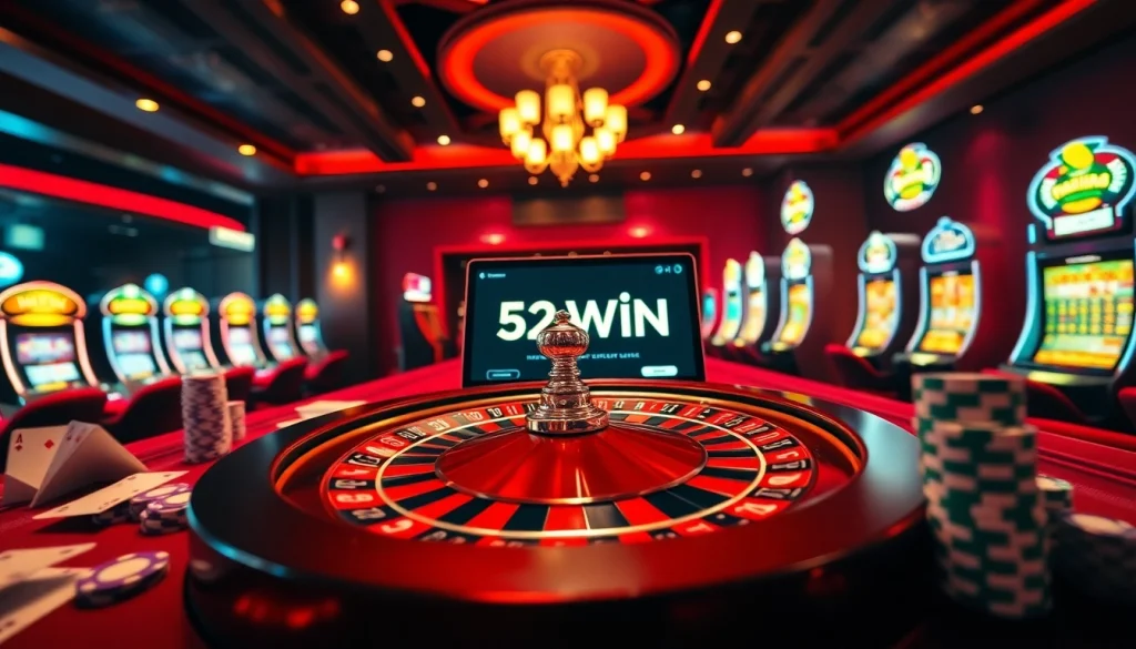 Engage with 52WIN as a gambler enjoys a thrilling moment at the casino with chips and cards.