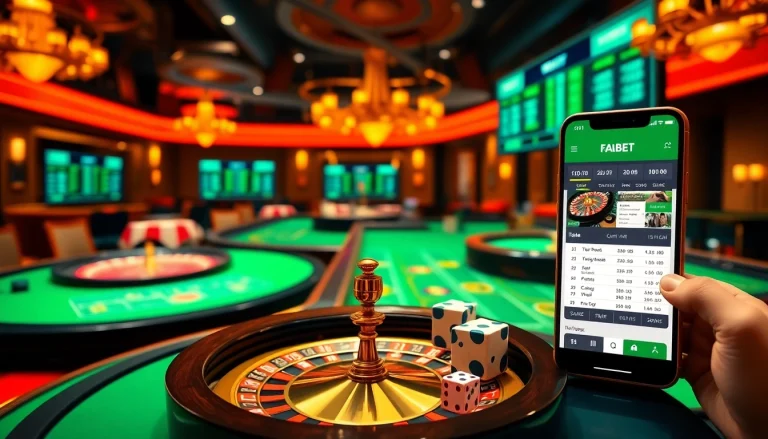 FABET app interface showcased on a luxurious casino floor with vibrant gaming elements.