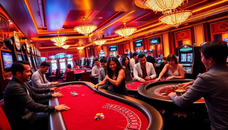 F168 casino scene capturing players engaging in poker and slot games with excitement.