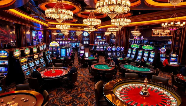 Experience thrilling gaming at new88's luxurious casino full of vibrant slot machines and poker tables.