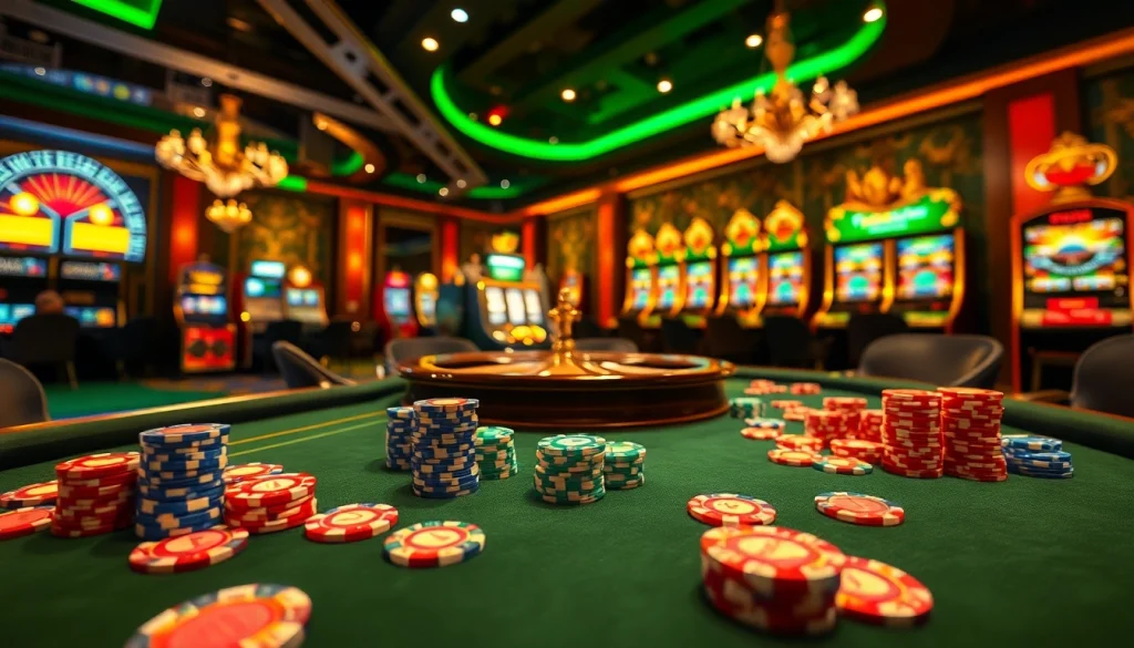 Hello88 casino scene with vibrant poker chips and roulette wheel in an elegant gambling setting.