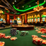 Hello88 casino scene with vibrant poker chips and roulette wheel in an elegant gambling setting.