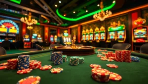 Hello88 casino scene with vibrant poker chips and roulette wheel in an elegant gambling setting.