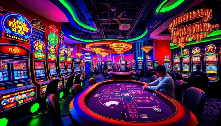 Exciting scene of fly88 okvip casino with vibrant slot machines and engaging baccarat players.