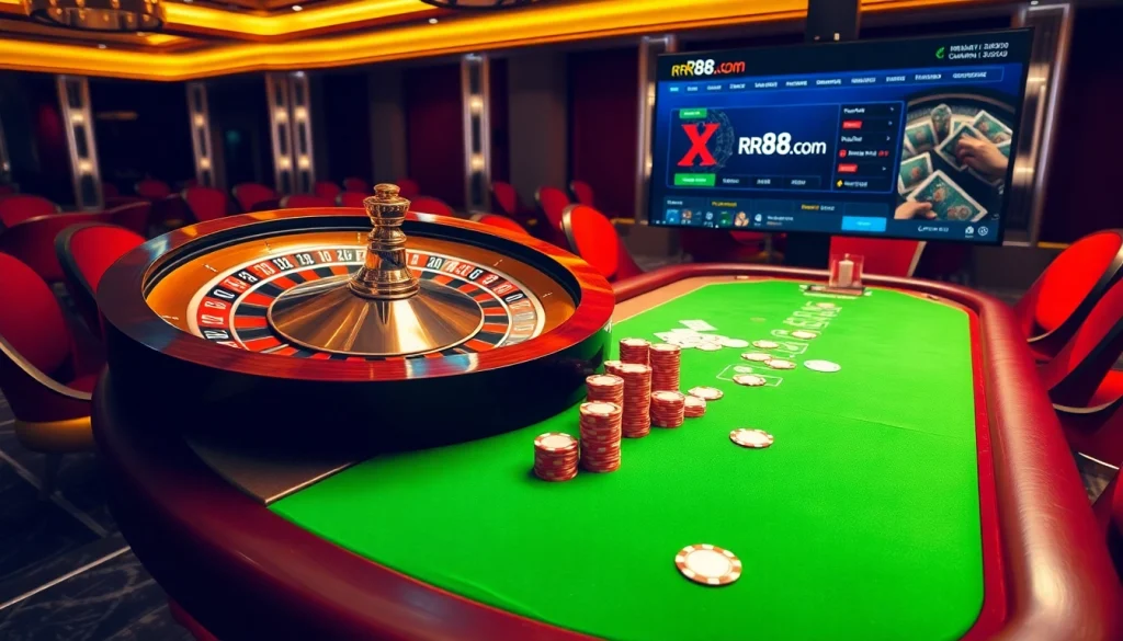 Experience the thrill of rr88 com with vibrant casino tables and engaging online gaming elements.