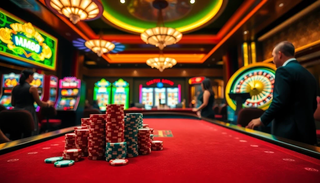 Experience the excitement of MM88 with vibrant casino games, poker chips, and a roulette wheel.
