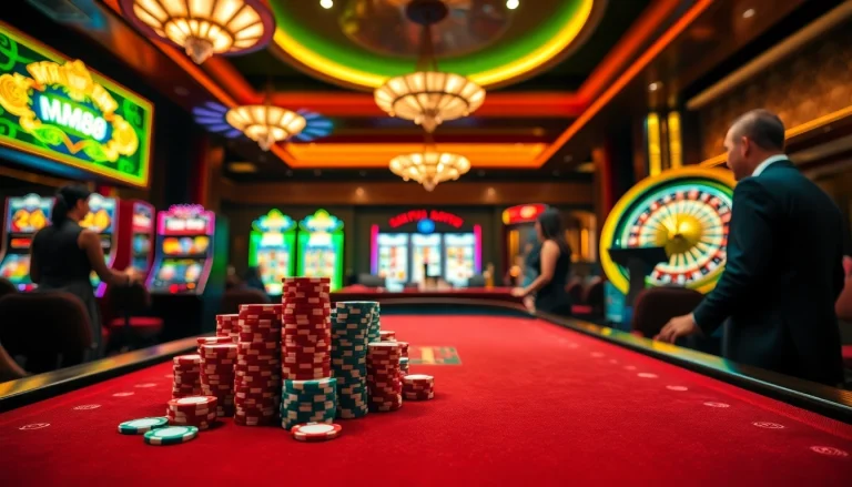 Experience the excitement of MM88 with vibrant casino games, poker chips, and a roulette wheel.