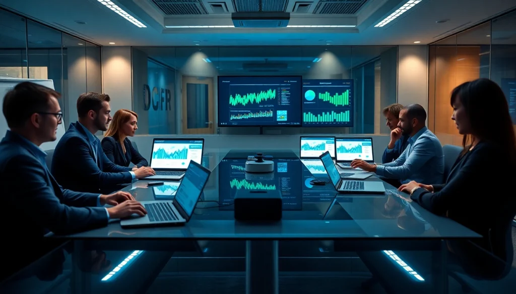 Business professionals collaborating on Logo Tiger Wings ERP in a modern office.