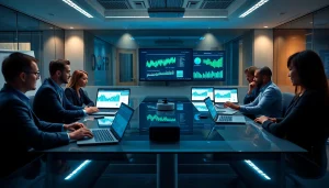 Business professionals collaborating on Logo Tiger Wings ERP in a modern office.