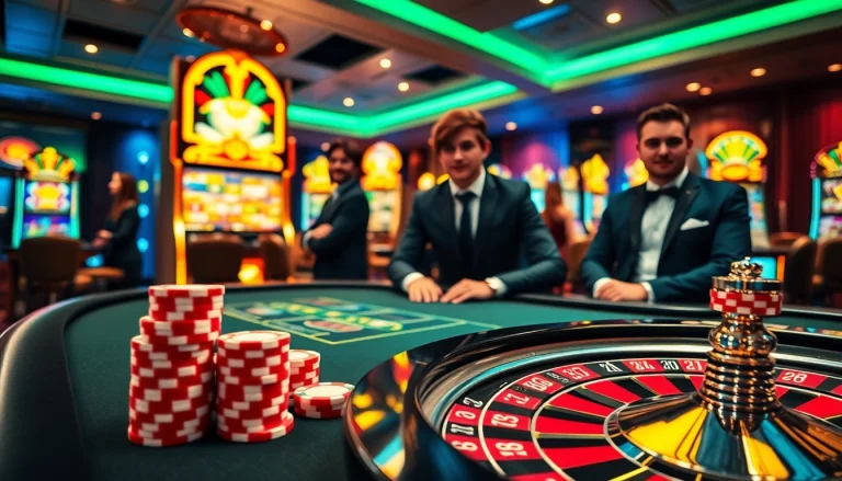 Experience high-stakes gambling at https://mm88.forex/ with players enjoying blackjack and roulette in a luxurious casino setting.