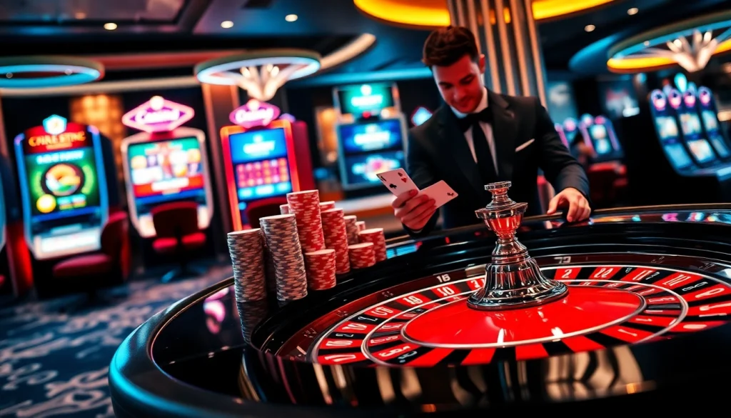 Engage in thrilling gameplay at https://f8bet.dental/ with a vibrant casino scene showcasing roulette, cards, and energetic atmosphere.