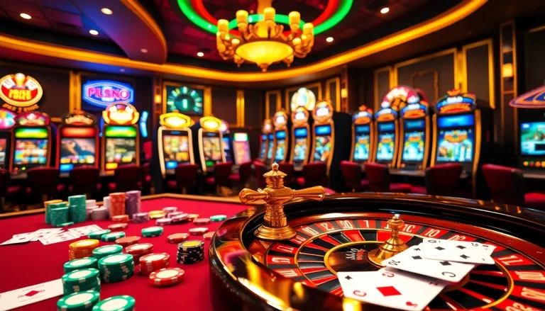 A captivating casino scene showcasing rr88 com poker chips and vibrant slot machines.