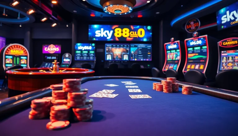 Experience excitement at sky88 club with a vibrant online casino featuring poker tables and roulette.