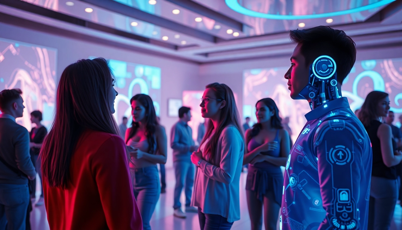 Intimate digital interaction showcasing sex ai technology with humans and AI avatars in a futuristic setting.