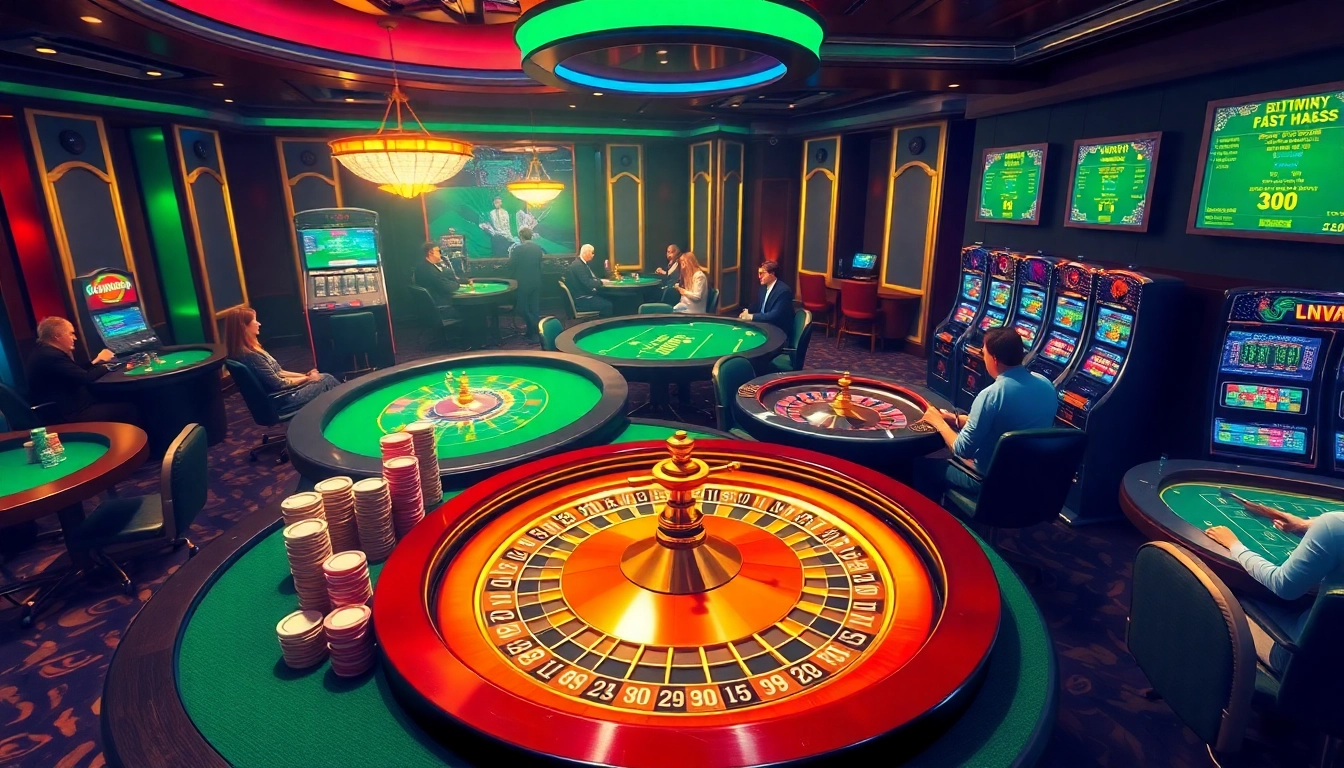 Engaging gamblers at https://www.jun88.org/ in a vibrant casino scene with tables and poker chips.
