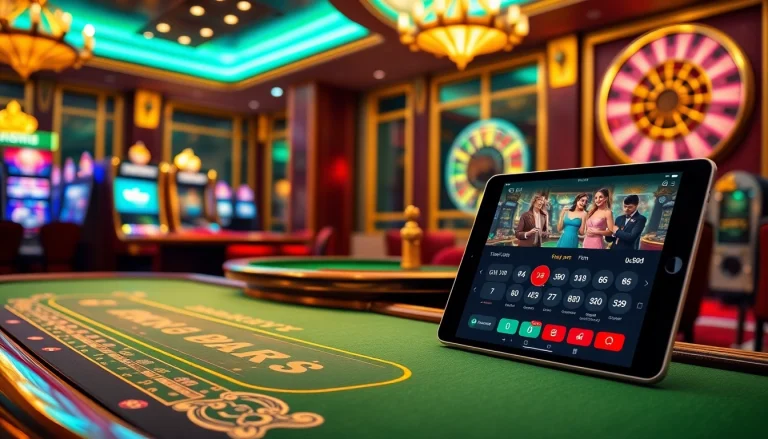 Experience thrilling gameplay with the uk88 app, showcasing vibrant casino elements like poker tables and slot machines.