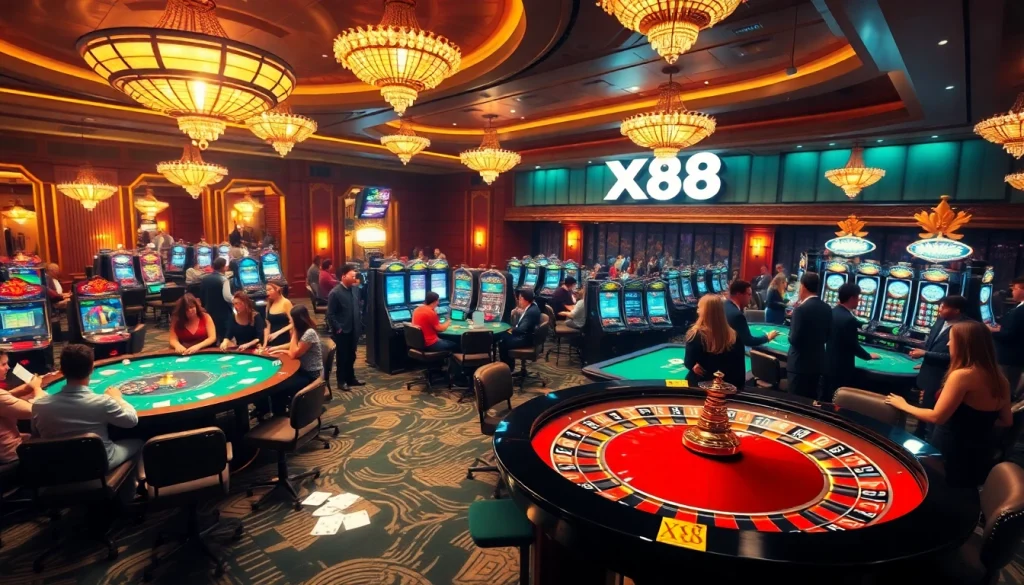 Engaging casino scene with players enjoying vibrant games at XX88, showcasing roulette and poker excitement.