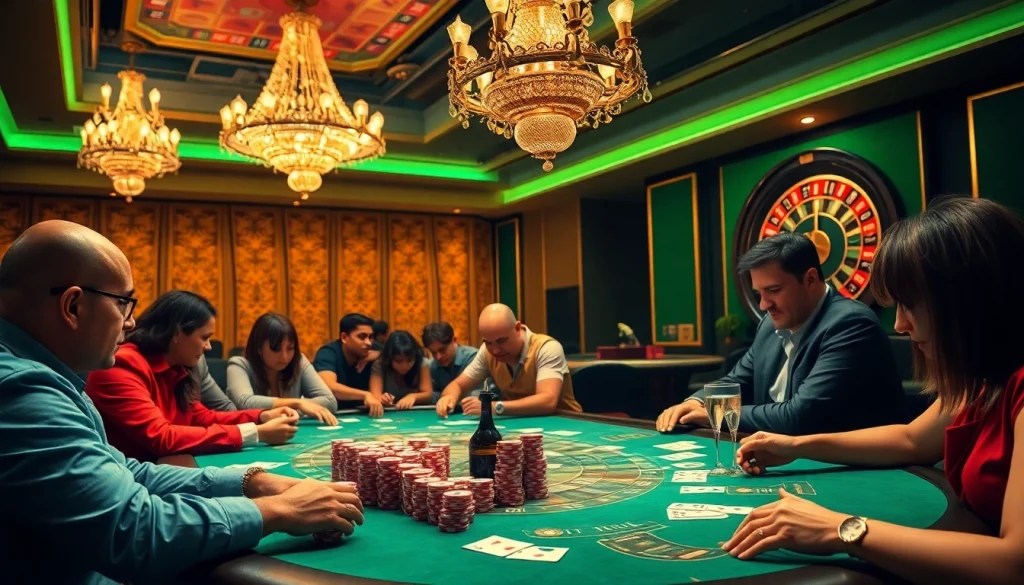 Players at the poker table strategizing with excitement and chips, representing gambling action at https://king88b.us.com/.