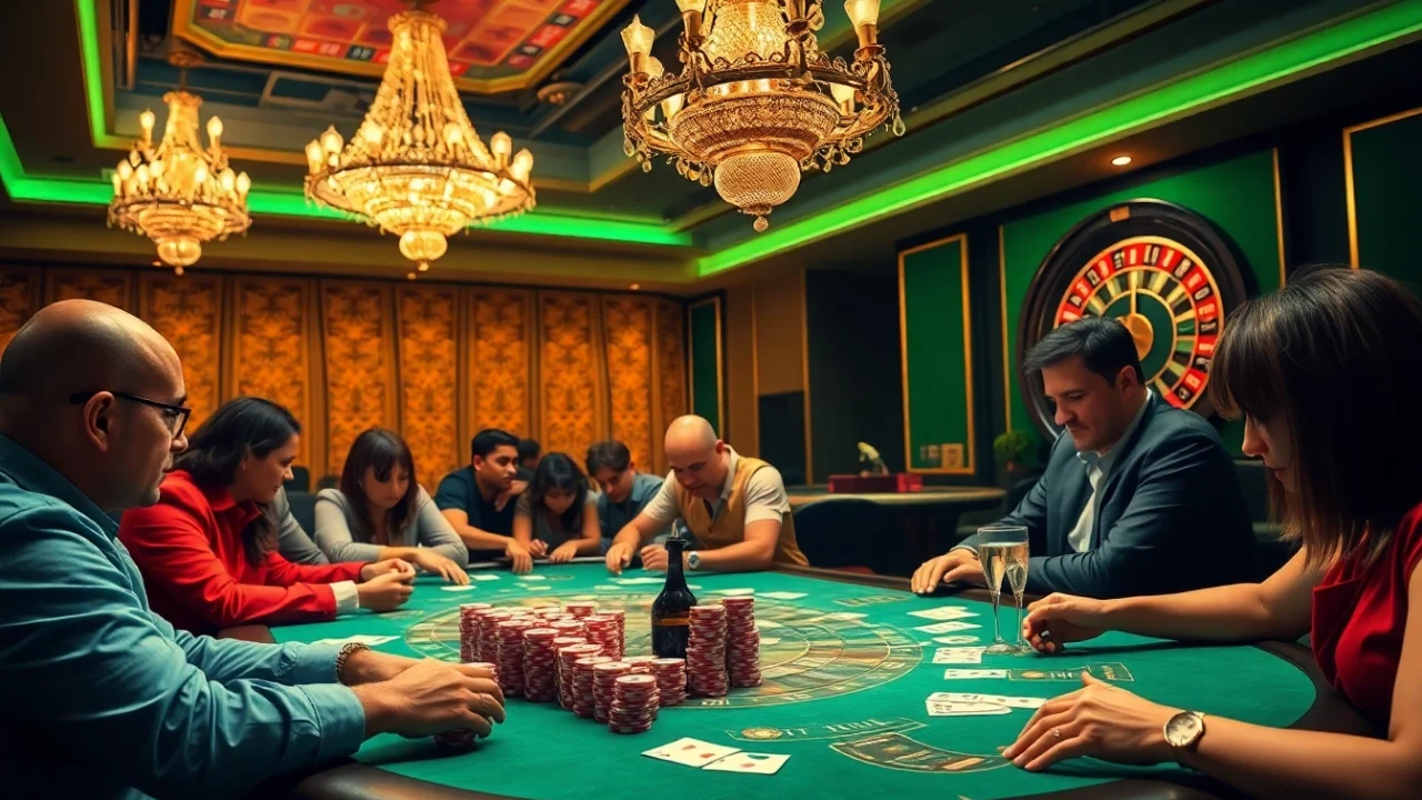 Players at the poker table strategizing with excitement and chips, representing gambling action at https://king88b.us.com/.