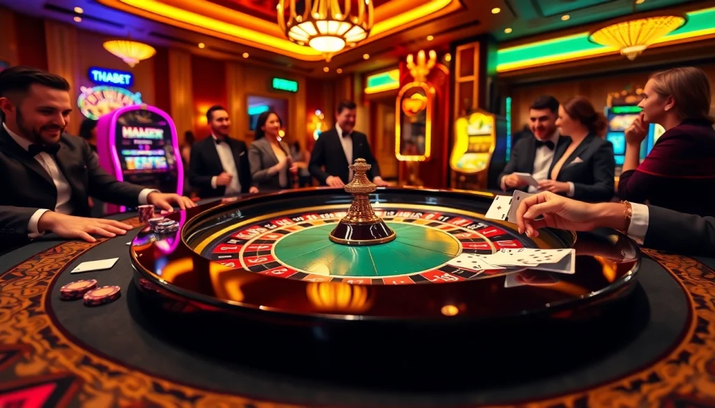 Experience the excitement of high-stakes gambling at https://thabet.vegas/, featuring luxurious casino tables and players in action.