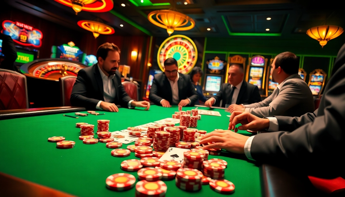 Experience excitement at https://vnew88.vip/ with vibrant casino visuals showcasing poker tables and roulette wheels.