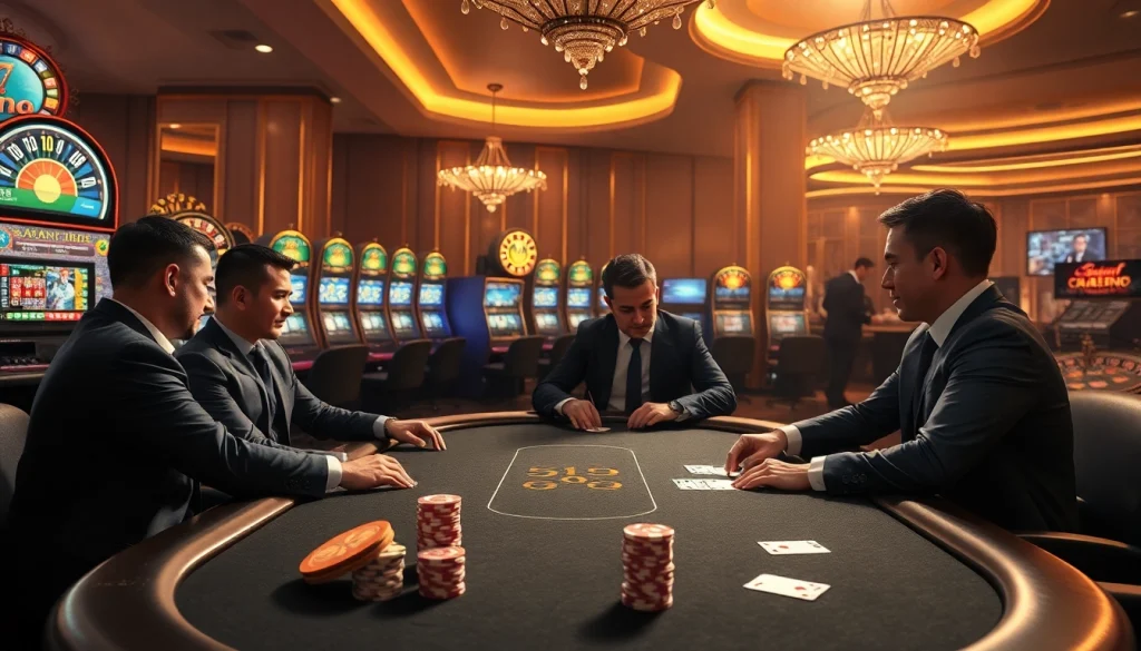 Engage in thrilling games at https://xx88.nl/ with a luxurious casino atmosphere featuring poker tables and slot machines.