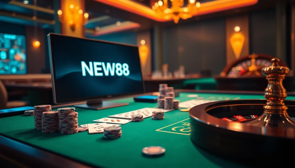 Experience the thrill of winning at the NEW88 link casino table with vibrant chips and cards.