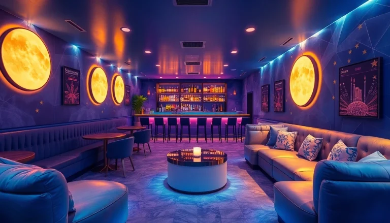 Experience the celestial lounge ambiance at moonbarguy uk with vibrant decorations.